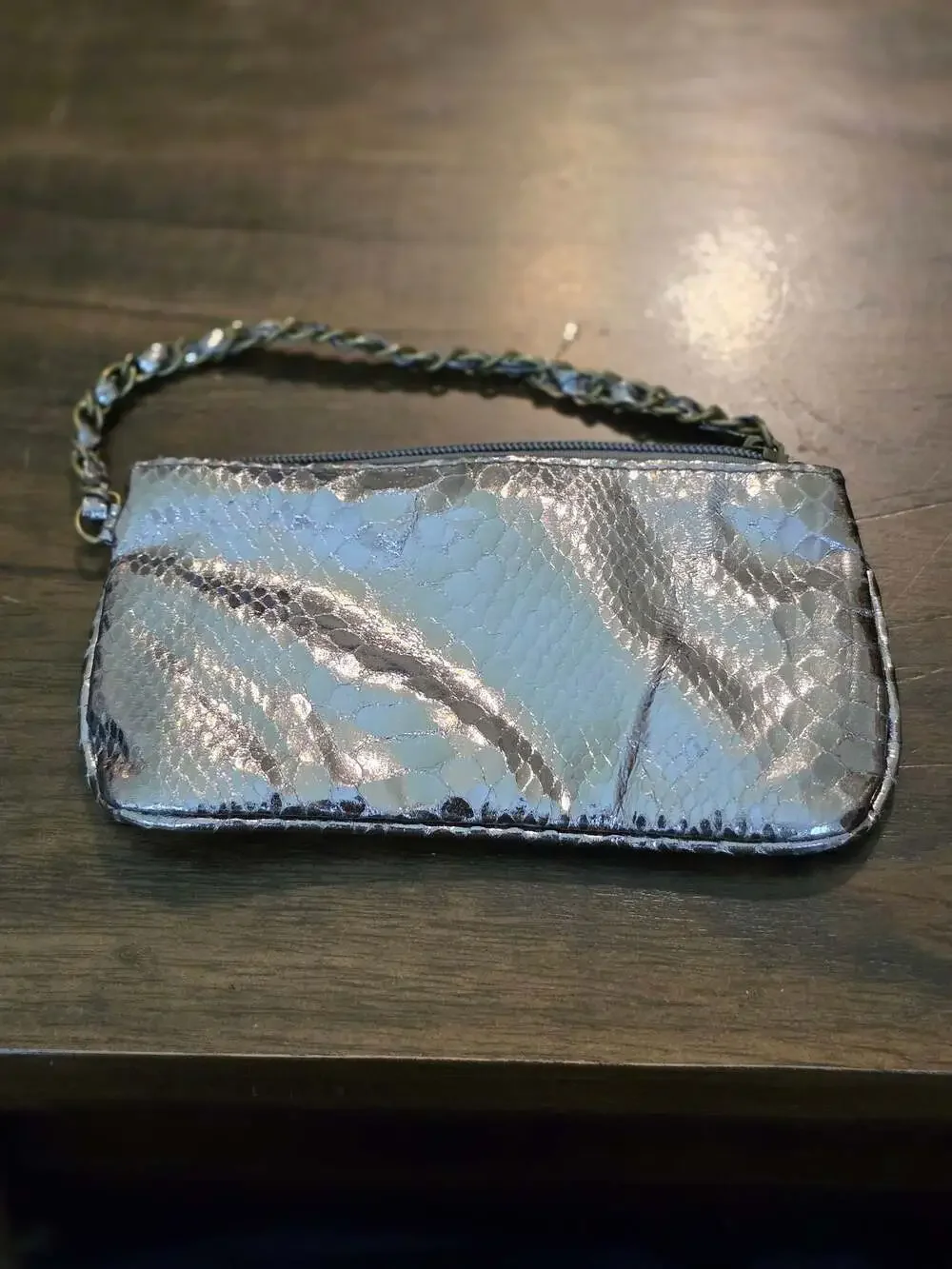 LORAC Metallic Silver Snake-Embossed Wristlet Clutch with Chain Handle